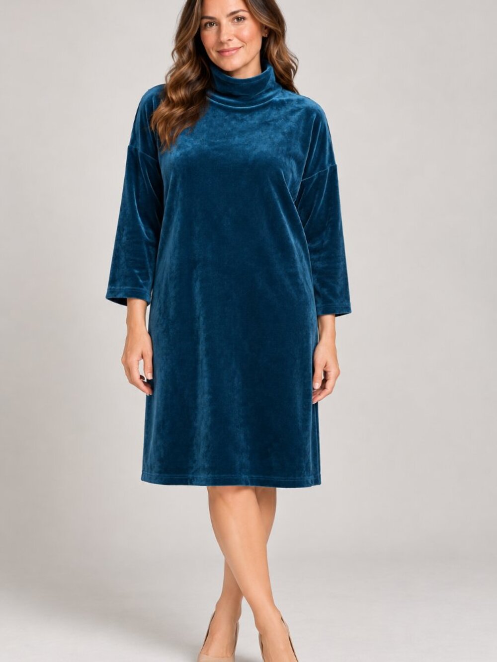 Talbots M Teal Blue Velvet Turtleneck Shift Fall Dress Long Sleeve Button